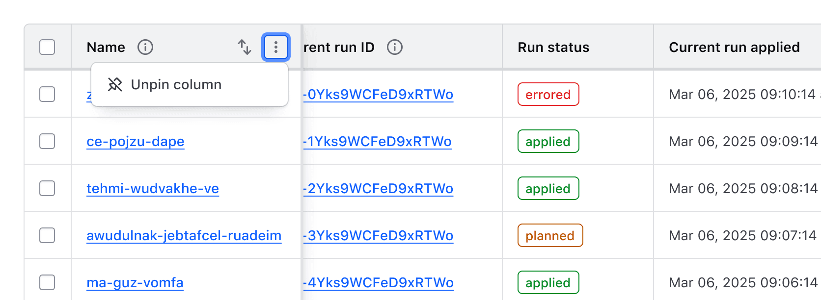 An Advanced Table with a pinned column with the context menu open and a single "Unpin column" option